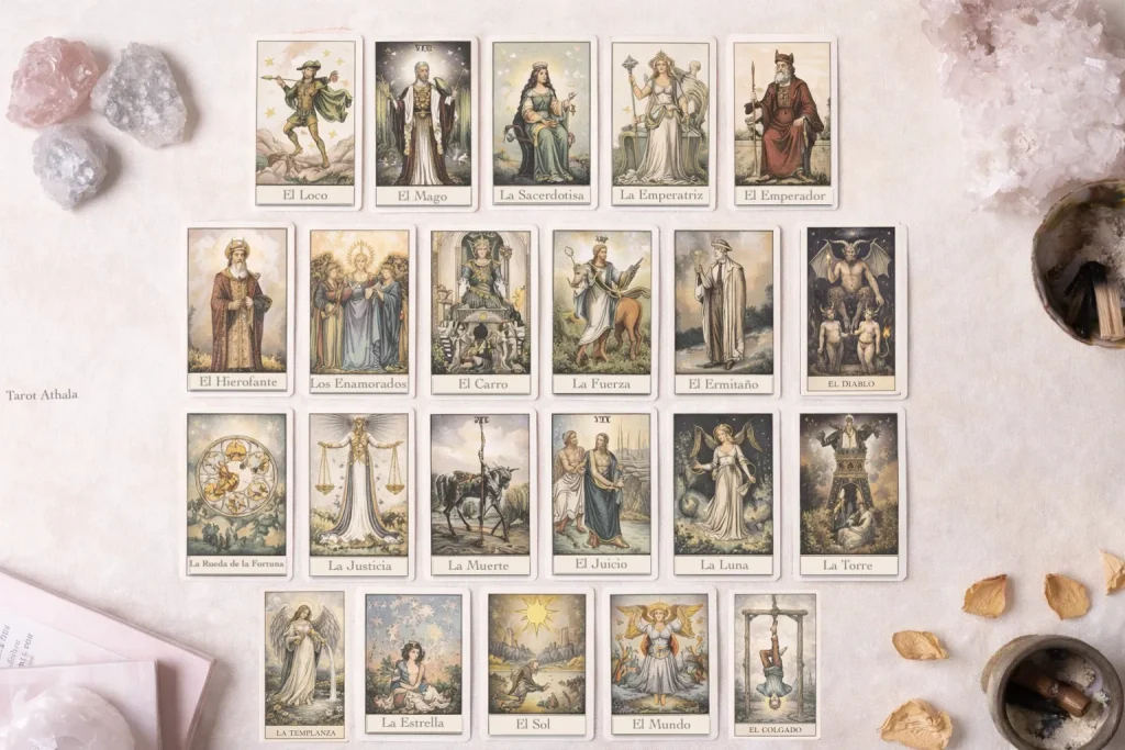 Arcanos Mayores del tarot en español dispuestos en mesa espiritual con cristales y sahumerio, cartas del tarot y su significado profundo.
