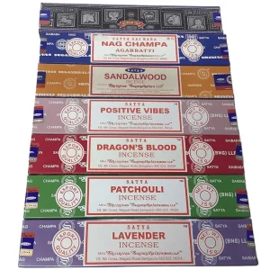 Incienso natural Satya surtido pack 7 aromas artesanales Nag Champa, Sándalo, Pachulí, Lavanda y Sangre de Dragón
