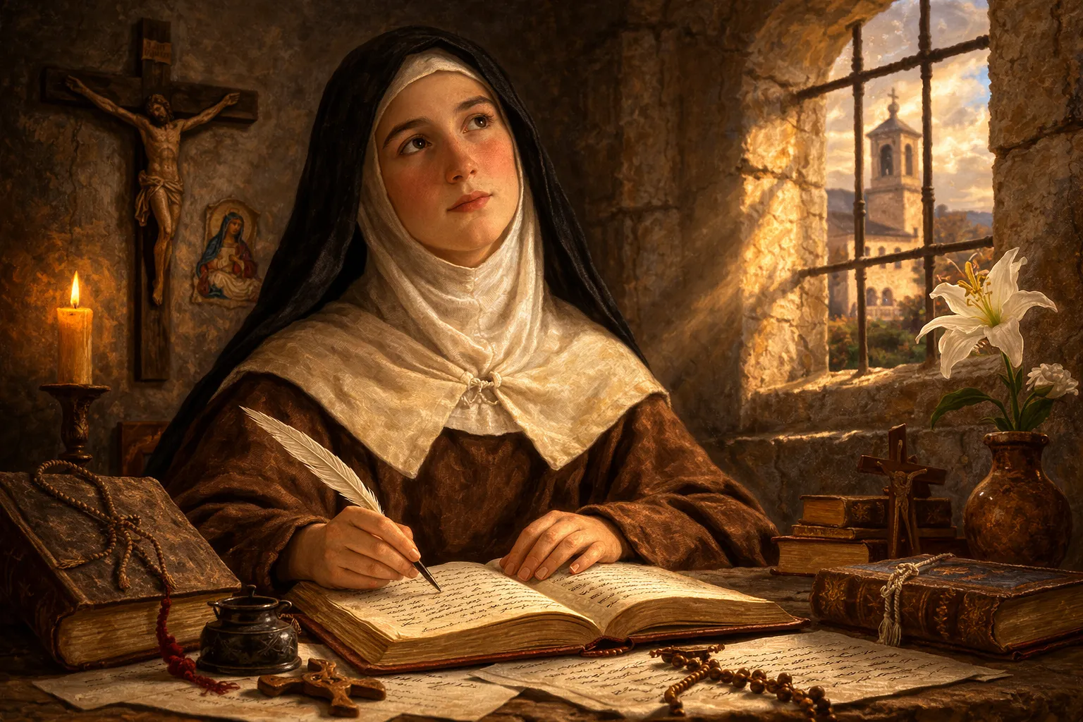 Santa Teresa de Jesús joven en retrato barroco sosteniendo crucifijo y lirios blancos, vestida como carmelita descalza en representación inspirada en pinturas clásicas