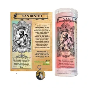 Velón ritualizado con medalla de San Benito patrón de Europa para peticiones y protección espiritual