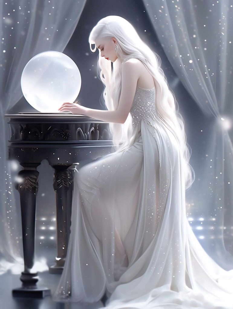 Mujer de largo cabello blanco observando una bola de cristal en un entorno místico iluminado por destellos de luz.