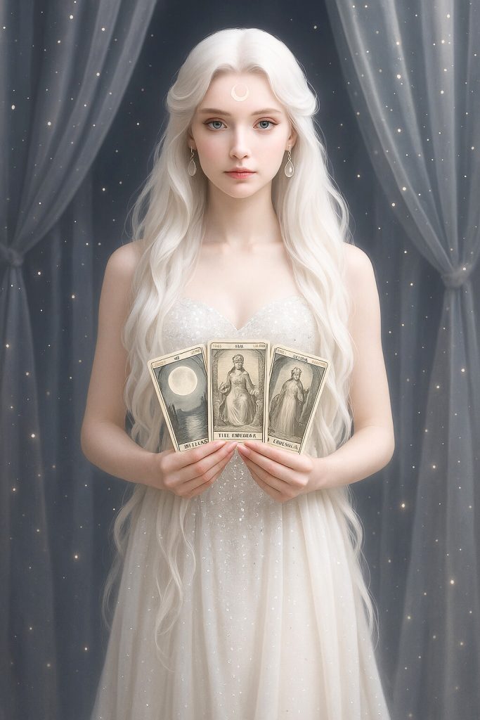 Mujer con cabello plateado sosteniendo tres cartas de tarot frente a ella, en un ambiente etéreo con cortinas y destellos de luz.