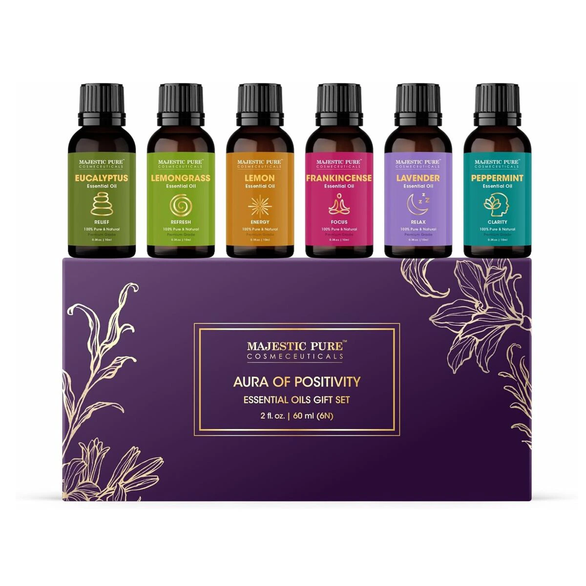 Set de aceites esenciales puros para aromaterapia en frascos de vidrio ámbar