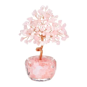 Árbol de la vida de cuarzo rosa con base de vidrio decorativa
