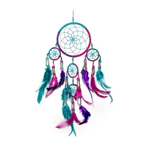 Atrapasueños bohemio colgante con plumas y cuentas en tonos azul, rosa y morado