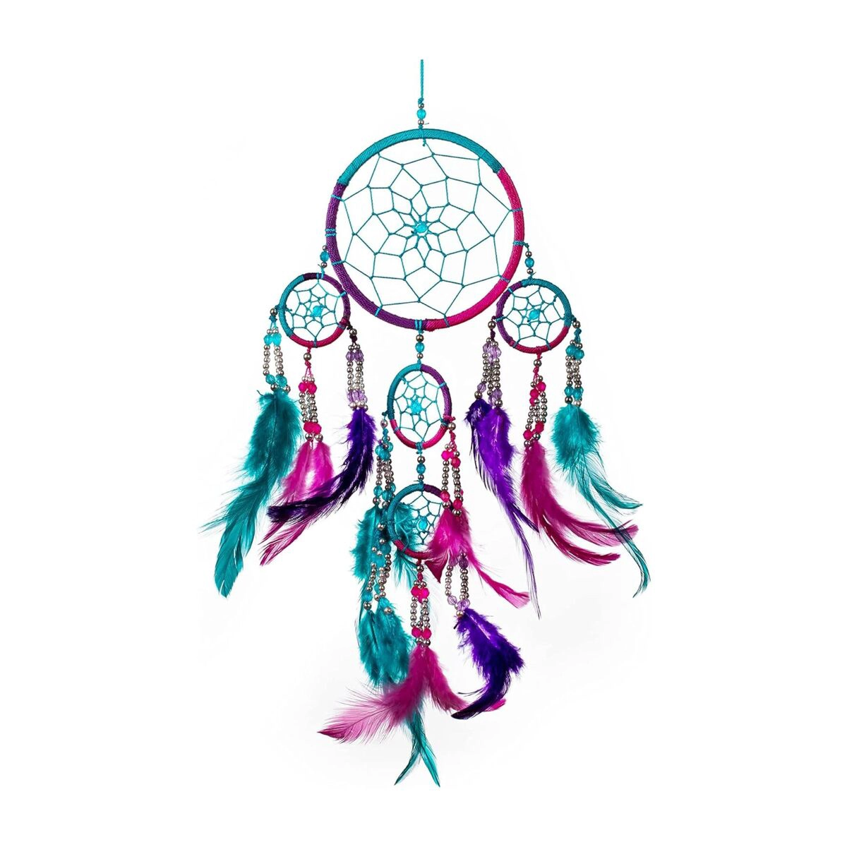 Atrapasueños bohemio colgante con plumas y cuentas en tonos azul, rosa y morado