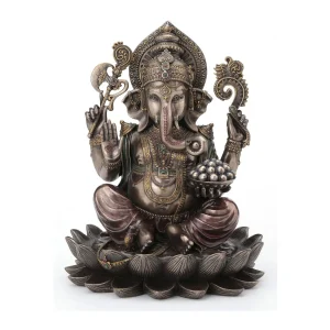 Estatua decorativa de Ganesha en acabado bronce sentado en loto